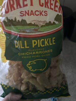 Dill pickle flavored chicharones fried pork skins