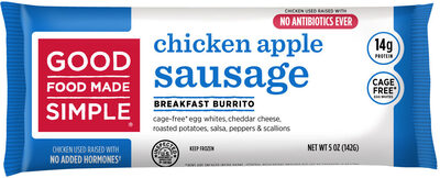 Chicken apple sausage cage-free egg whites, cheddar cheese, roasted potatoes, salsa, peppers & scallions breakfast burrito, chicken apple sausage