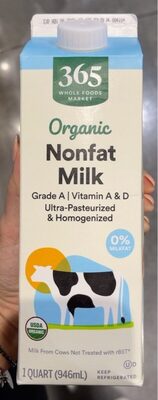 Organic fat free skim milk ultra pasteurized