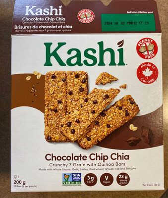 Chocolate Chip Chia, Crunchy 7-Grain with Quinoa Bars. Made in 🇨🇦 with domestic & imported ingredients.