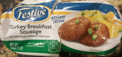 Festive Turkey Breakfast Sausage, with mechanically separated turkey added, 85% lean 15% fat