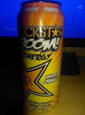 Rockstar, boom energy drink, whipped orange, whipped orange
