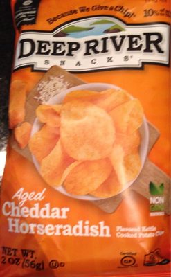 Deep river snacks, kettle cooked potato chips, aged cheddar horseradish