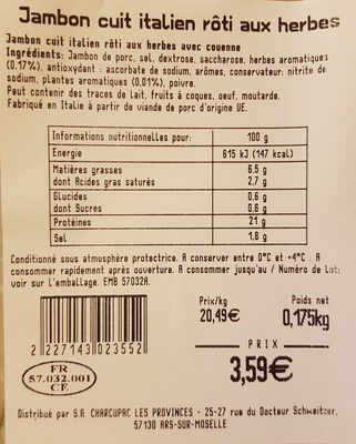 Jambon cuit Italien rôti aux herbes