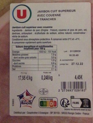 Jambon cuit supérieur avec couenne