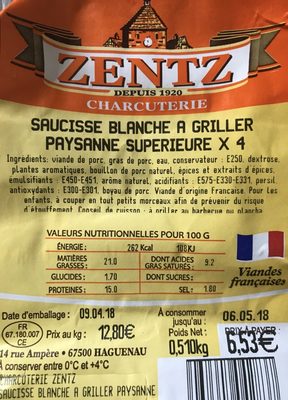 Saucisse blanche à griller paysanne supérieure ×4