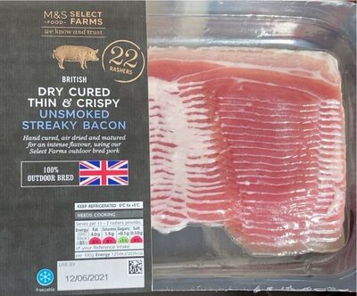 British Dry Cured Thin And Crispy Unsmoked Streaky Bacon