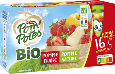 POM'POTES Compotes Gourdes BIO Pomme Fraise 16x90g Format Familial