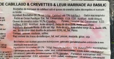 Brochettes cabillaud et queues crevettes marinade basilic