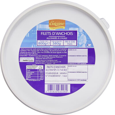 Filets d'anchois salés allonges a l'huile de tournesol