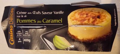Crème aux oeufs saveur vanille sur lit de pommes au caramel - cuite et dorée au four