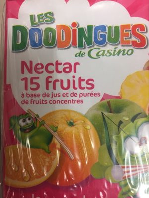 Nectar de 15 fruits à base de jus et de purées de fruits concentrés, source de 10 vitamines, teneur en fruits : 57 % minimum.