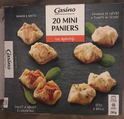20 Mini paniers - Saumon & aneth, fromage de chèvre & tomate mi-séchée, poulet & abricot à l'orientale, féta & basilic