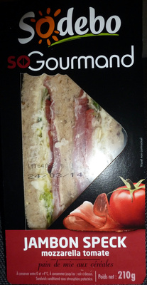 Sandwich Jambon Speck Mozzarella Tomate, pain de mie aux céréales