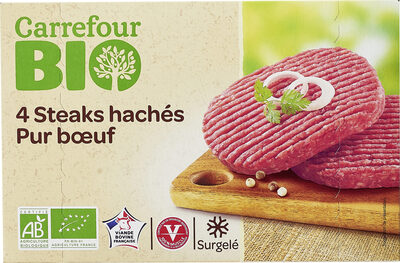4 Steaks hachés Pur bœuf 15% Mat. Gr.* *Pourcentage de matières grasses inférieur à 15%. Rapport collagène sur protéines de viande inférieur à 15%.