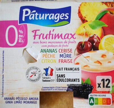YAOURT AUX FRUITS 0% 12X125G - Fraise / mûre / pêche / ananas / cerise / citron