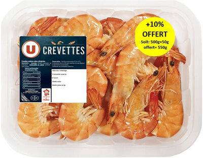 Crevette cuite, Penaeus spp, 50/70, élevée en Amérique du Sud et Centrale, barquette de 500g + 10% offert