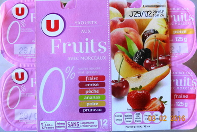 Yaourts 0% mg, aux fruits avec morceaux, fraise-ceris-pêche-ananas-poire-pruneau