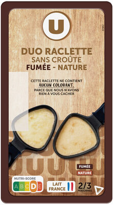 Fromage à Raclette sans croute Duo Nature & Fumé, lait pasteurisé, 27%MG, 400g