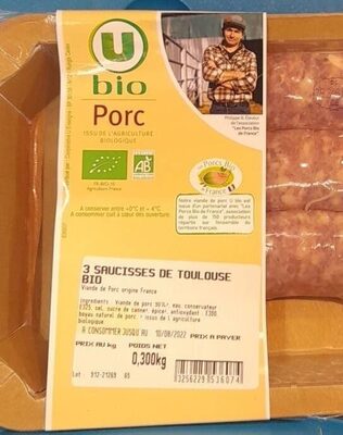 Saucisses de Toulouse bio, 3 pièces - Barquette 300g