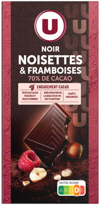 Chocolat noir aux éclats de noisettes et framboises, tablette 100g