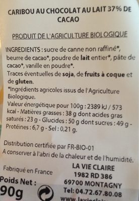 Caribou au chocolat au lait 37% de cacao