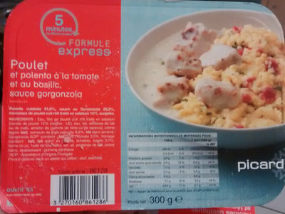 Poulet, polenta à la tomate et au basilic, sauce au gorgonzola