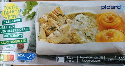 Cabillaud, purée aux lentilles corail et artichauts