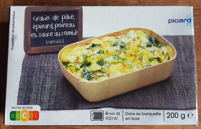 Gratin de pâte, épinard, poireau et sauce au comté surgelé
