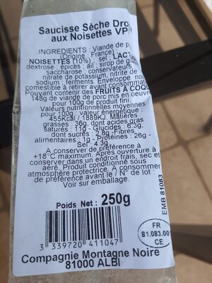 Saucisse sèche droite aux noisettes VPF