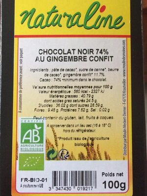 Chocolat noir 74% au gingembre confit