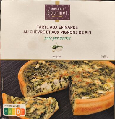 Tarte aux épinards, au chèvre et aux pignons de pin, pâte pur beurre, surgelée