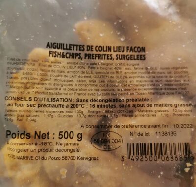 Aiguillette de colin lieu façon prefrites surgelées