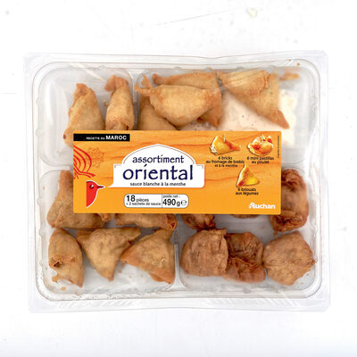 Recette du Marocassortiment oriental - sauce blanche à la menthe6 mini pastillas au poulet, 6 bricks au fromage de brebis et à la menthe, 6 briouats aux légumes18 pièces + 2 sachets de sauce