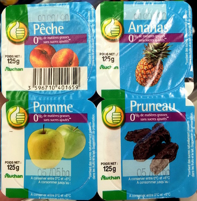 Yaourts (0 % MG) Pêche, Ananas, Pomme, Pruneau