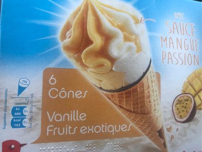 6 cônes vanille, fruits exotiques avec sauce mangue passion