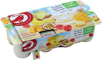 Du yaourt + des fruits + du sucre et rien d'autre4 saveurs : Banne, mangue, Framboise, Ananas-Passion