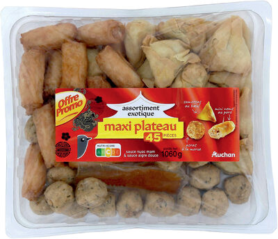 Assortiment exotiquemaxi plateau45 piècessamossas au bœufmini nems au porcacras à la morueSauce nuoc-mam et sauce aigre-douce