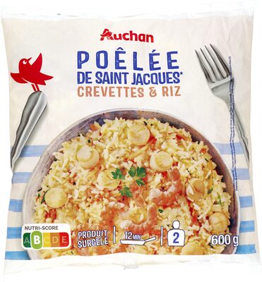 Poêlée St-Jacques*, crevettes et riz*Zygochlamys patagonica, origine Argentine (A) Chlamys opercularis, origines Royaume-Uni (E), Irlande (G), Iles Féroé (F), France (D) : Argopecten purpuratus