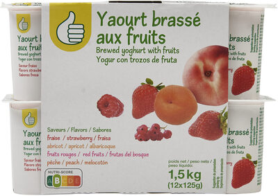 Yaourt brassé aux fruits saveurs fraise, abricot, fruits rouges, pêche.