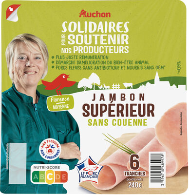 Jambon supérieur sans couenne fabriqué à partir de porcs élevés sans antibiotiques dès la naissance et nourris sans OGM (<0.9%)