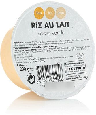 Riz au lait saveur vanille Au lait entier