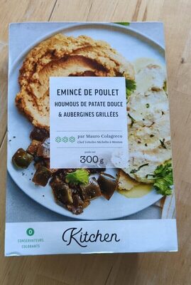 Emincé de poulet houmous de patate douce et aubergines grillees