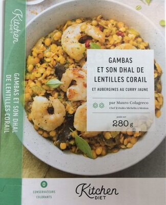 Gambas et son dhal de lentilles corail et aubergines au curry jaune