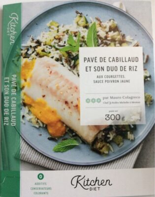 Pavé de cabillaud et son duo de riz aux courgettes, sauce poivron jaune