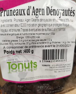 Pruneaux D'agen Dénoyautés Tonuts 400 G