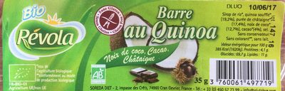 Barre au quinoa, noix de coco, cacao, châtaigne