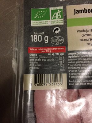 Jambon Cuit Supérieur, Bio Sans Couenne