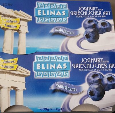 Elinas Joghurt nach griechischer Art - Heidelbeere 4003490323747 Joghurt nach griechischer Art mit Zucker und 8,1% Heidelbeeren, 9,4% Fett im Milchanteil. Aus Kuhmilch