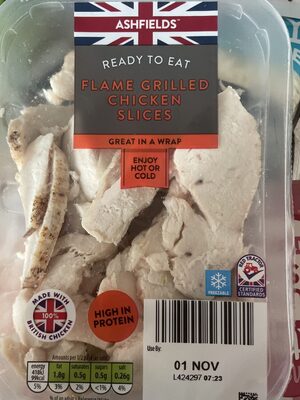 Cooked, flame seared sliced chicken breast